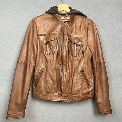 Buy NEXT Leather Jacket Womens UK 14 Brown Hooded Zipped Pockets Biker Tan Fleece • 22.99£
