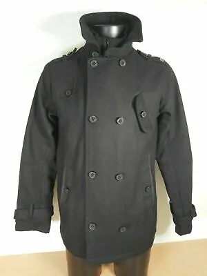 Buy TECH GARMENT Coat 330186 Wool Rich Black Military Style Pea Coat Overcoat Medium • 30£