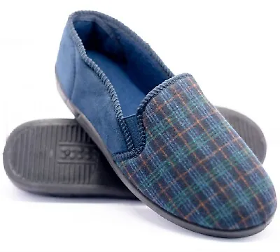 Buy Mens Gents Slip On Navy Checked Indoor Easy Fitting Hard Sole Comfy Slippers Sz • 9.95£