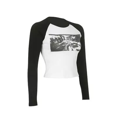 Buy Women Aesthetic Colorblock Long Sleeve Crop Top Abstract Graphic Slim T-Shirts • 12.28£
