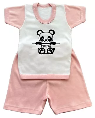 Buy Personalised Pyjamas Baby Girl Shorts Summer Nightwear PANDA Cotton Pink • 7.99£