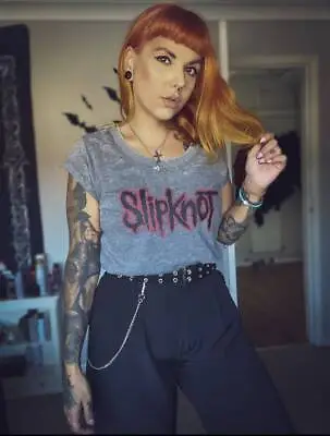 Buy Slipknot Logo Band T-shirt Womens Heavy Metal Burn Out Loose Fit Ladies Top • 17.99£