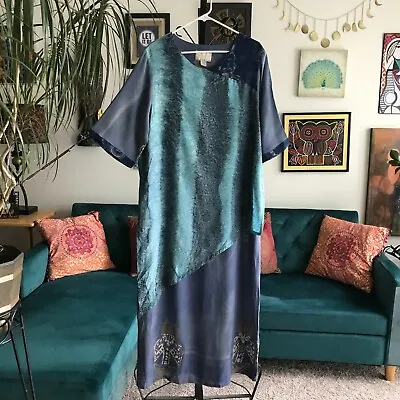 Buy KUSNADI Blue & Green Exotic Indonesian Batik Long Layered Maxi Dress Artsy O/S • 56.82£