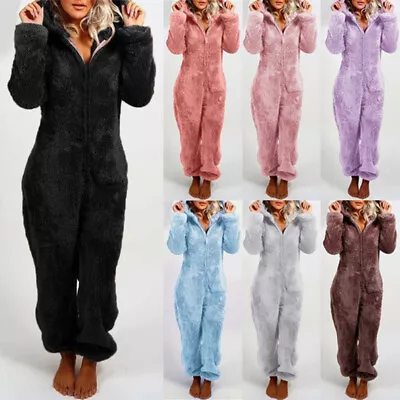 Buy Womens Teddy Bear Fluffy Fleece Hooded Jumpsuit 1Onesie Playsuit Pajamas Romper • 14.89£
