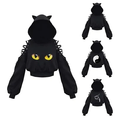 Buy Womens Cute For Cat Ear Long Sleeve Hoodies Hollow Out Lace-Up Loose Crop Sweats • 12.60£