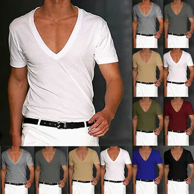 Buy Mens V Neck Short Sleeve T-shirt Summer Casual Muscle Slim Fit Blouse Tops Tee • 8.69£