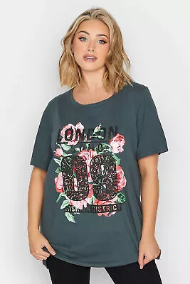 Buy Yours Curve Women's Plus Size Acid Wash 'London' Rose Print T-Shirt • 22.99£