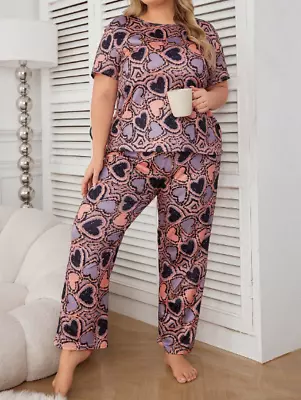 Buy Pyjama Set Plus 18 20 22 24 26 28 Orange Purple Heart Stretch Loungewear Comfort • 12.50£