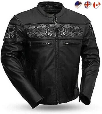 Buy Men's Black Skull Leather Motorcycle Biker Genuine Cowhide Halloween Jacket ! • 119.99£