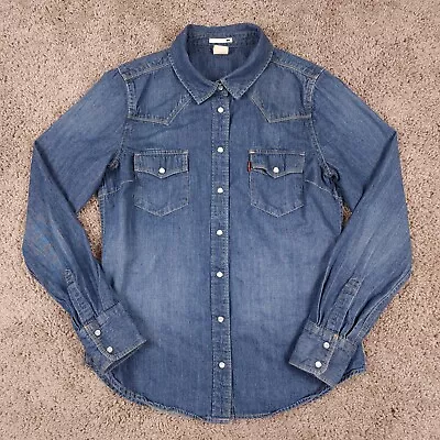 Buy Levis Denim Pearl Snap Shirt M Blue Western Rodeo Cowboy Grunge Y2K Red Tab • 23.62£
