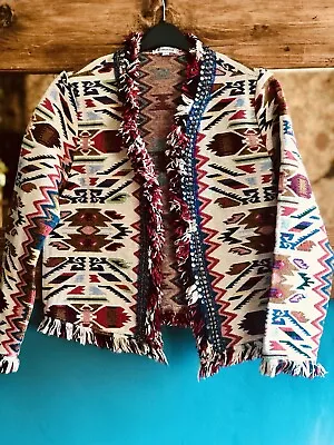 Buy Unusual Abstract/aztec Fringed Boho/tribal Open Jacket.Size L (14-16ish) • 7£