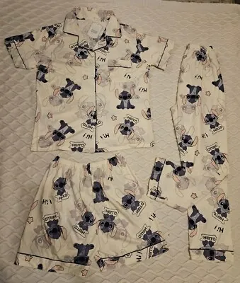 Buy Disney Stitch 3 Piece Pajama Set Size 12-14 Top Bottoms And Shorts Womens White • 15£