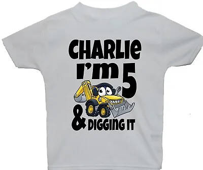Buy Personalised Name AGE Digging It Yellow Excavator Baby, Kids, Children's T-Shirt • 9.99£