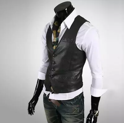 Buy New Men's Faux Leather Business Waistcoat PU Slim Fit Vest Sleeveless Jackets • 25.08£