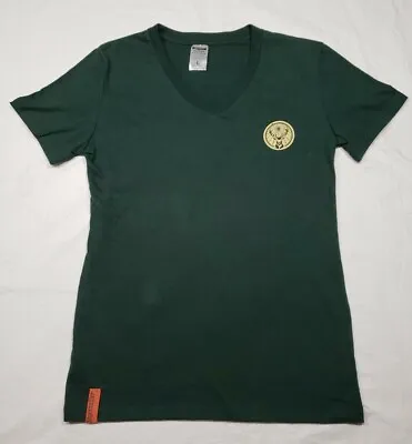 Buy New! JAGERMEISTER Official Logo V-neck Tshirt Womens L Green Gold Deer BARTENDER • 16.10£