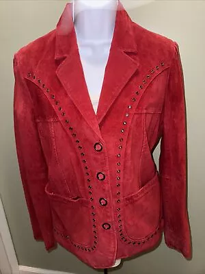 Buy One 98 Nine Red Genuine Leather Lined Jacket Size M: Studded Red Suede Feel • 21.36£