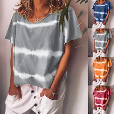 Buy Womens Striped Tie-Dye T-Shirts Tee Ladies Summer Tops Loose Baggy Blouse UK • 9.79£