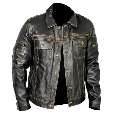 Buy Vintage Denim Trucker Style Cafe Racer Black Real Sheepskin Leather Jacket • 24.33£