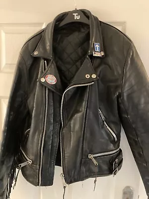 Buy Leather Jacket Classic Biker Style Small Black Leather With Tassels 1980's • 50£