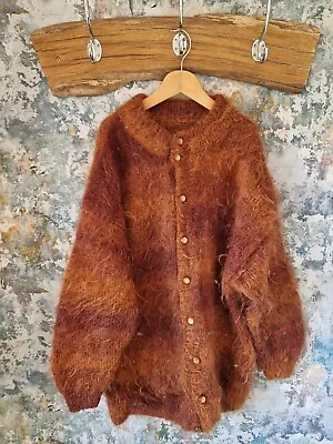 Buy Beautiful Womens Ginger Brown Vintage 90s Shaggy Unique Button Up Knit Cardigan • 26.99£