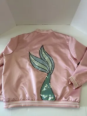 Buy Disney The Little Mermaid Ariel Varsity Satin Bomber Jacket Sequin XXL Pink Tail • 66.49£