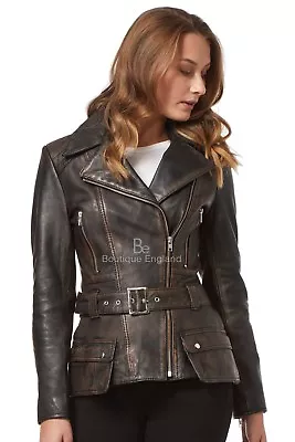 Buy Ladies Fashion Leather Jacket Black Vintage Biker Style 100% REAL LEATHER 2812 • 119.74£