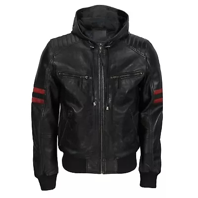 Buy Mens Retro Black Real Leather Bomber Jacket With Hood Casual Biker Slim Fit • 69.12£