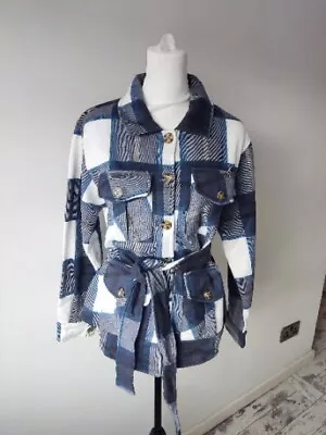 Buy Bnwt Womens White Navy Blue Check Oversized Shacket Jacket Size S 8 10 Belt • 8.99£