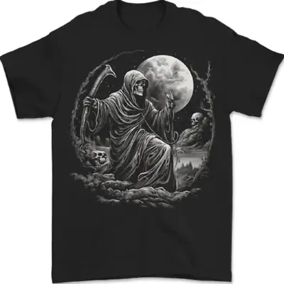 Buy Grim Reaper With A Full Moon And Skulls Mens T-Shirt 100% Cotton • 10.48£