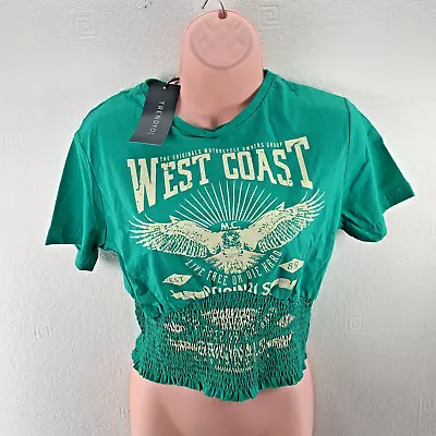 Buy Trendyol Women’s West Coast Print Gimped Fitted Crop T-shirt, Size UK 10, Green • 6.99£