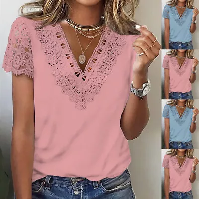 Buy Women Summer Lace V Neck Tops Ladies Short Sleeve T-Shirt Blouse Plus Size Tee • 2.99£