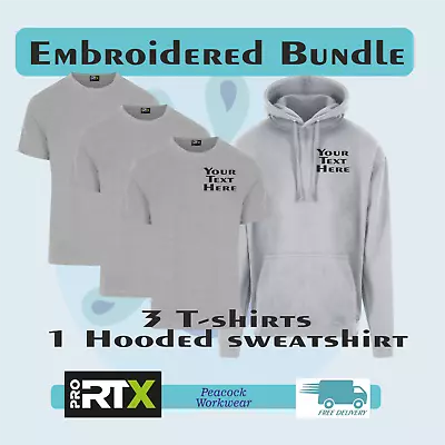 Buy Personalised Work Wear Package. 1 Embroidered Hoodie And 3 T-shirts. Custom Text • 39.99£
