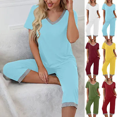 Buy Womens Summer Capri Pyjamas Sets Two Piece Ladies V-Neck Casual Cropped PJs 6-24 • 14.05£
