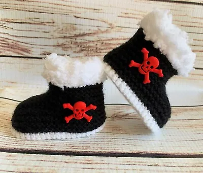 Buy Hand Knitted Baby Booties Boots Slippers Skull Crossbone 0-12M Goth Punk Black • 22.53£
