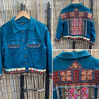Buy Teal Faux Suede Navajo Beaded Southwestern Hippie Festival Ibiza Jacket Size 10 • 49.95£