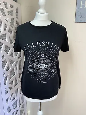 Buy New Look Top Size 10 Black Celestial Spiritual Short Sleeve • 4.99£