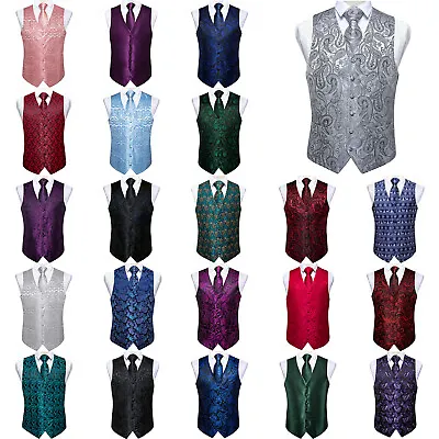 Buy S-3XL Silk Mens Waistcoat V-Neck Pockets Vest Tie Necktie Set Jacket Coat Party • 14.99£