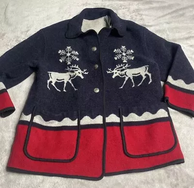 Buy Gallery Coat Womens 16 Red Blue Wool Button House Snow Reindeer Pocket Jacket • 79.90£