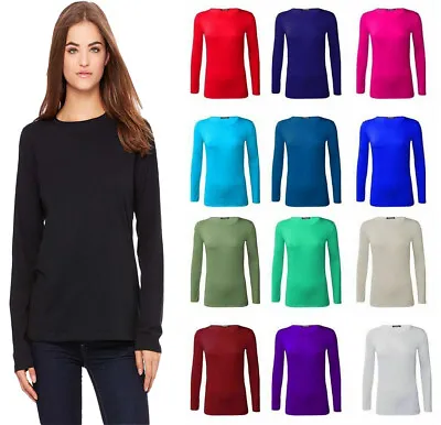 Buy Womens Long Sleeve T-Shirt Stretch Plain Round Scoop Neck Top UK Size 8-26 • 7.99£