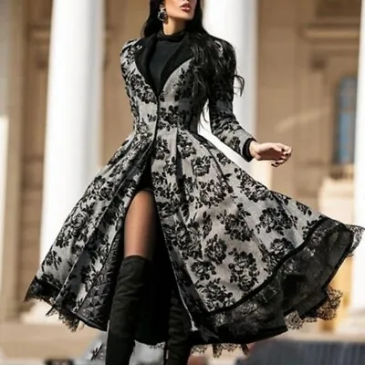 Buy Womens Lace Gothic Black Dress Trench Coat Medieval Costume Windbreaker Coat • 57.61£