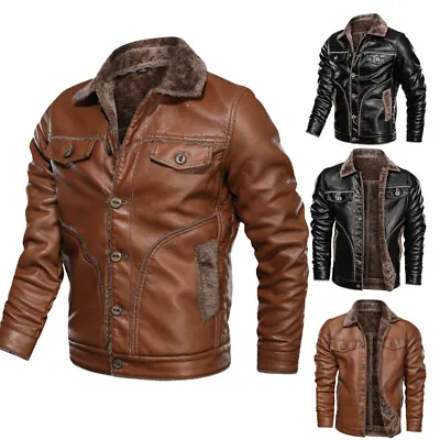 Buy Mens PU Leather Jacket Winter Biker Coat Slim Fit Casual Warm Jacket Tops Black • 54£