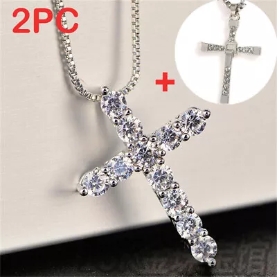 Buy 2x Crystal Cross Pendant Chain Necklace 925 Silver Jewellery Necklaces Men Women • 3.49£