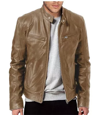 Buy Mens Jacket Cafe Racer Basic Vintage Leather Coats Casual Slim Fit Real Biker • 30.79£