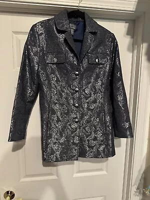 Buy Chico's Blue & Silver Brocade Jacket Button Down Floral Women's Vanity Size 1 • 37.79£