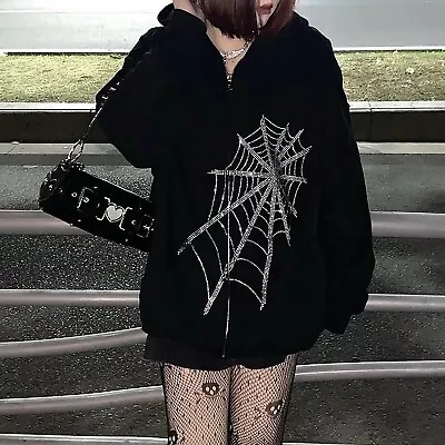 Buy Women Fashion Zipper Hoodie Rhinestone Spider Gothic  Harajuku Punk Clothing • 22.78£