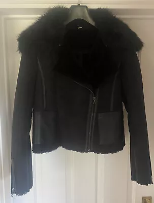Buy Ladies Black Faux Shearling Fur Collar Biker Jacket Size 10 • 7£