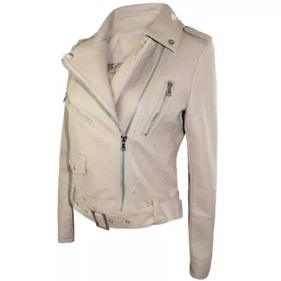Buy Brand New With Tags Creamy Beige Vegan Leather Fashion Biker Jacket  For Ladies  • 49£