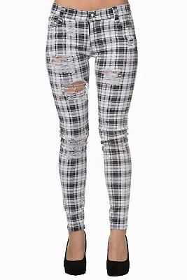 Buy White Tartan Check Skinny Slashed Ripped Emo Rockabilly Trouser BANNED Apparel • 34.99£
