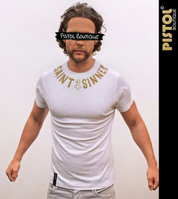 Buy Pistol Boutique Men's White Crew Neck GOLD SAINT & SINNER CROSS Slogan T-shirt • 22.49£