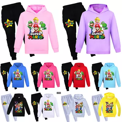 Buy 2PCS Girls Boys Mario Hooded Jumper Kids Casual Sweatshirt Tops Pants Outfit Set • 3.32£